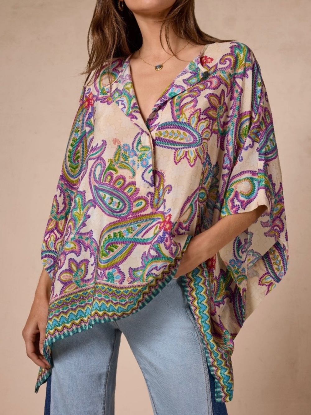 Johnny Was Aletika Silk Poncho Light Paisley SZ S/M